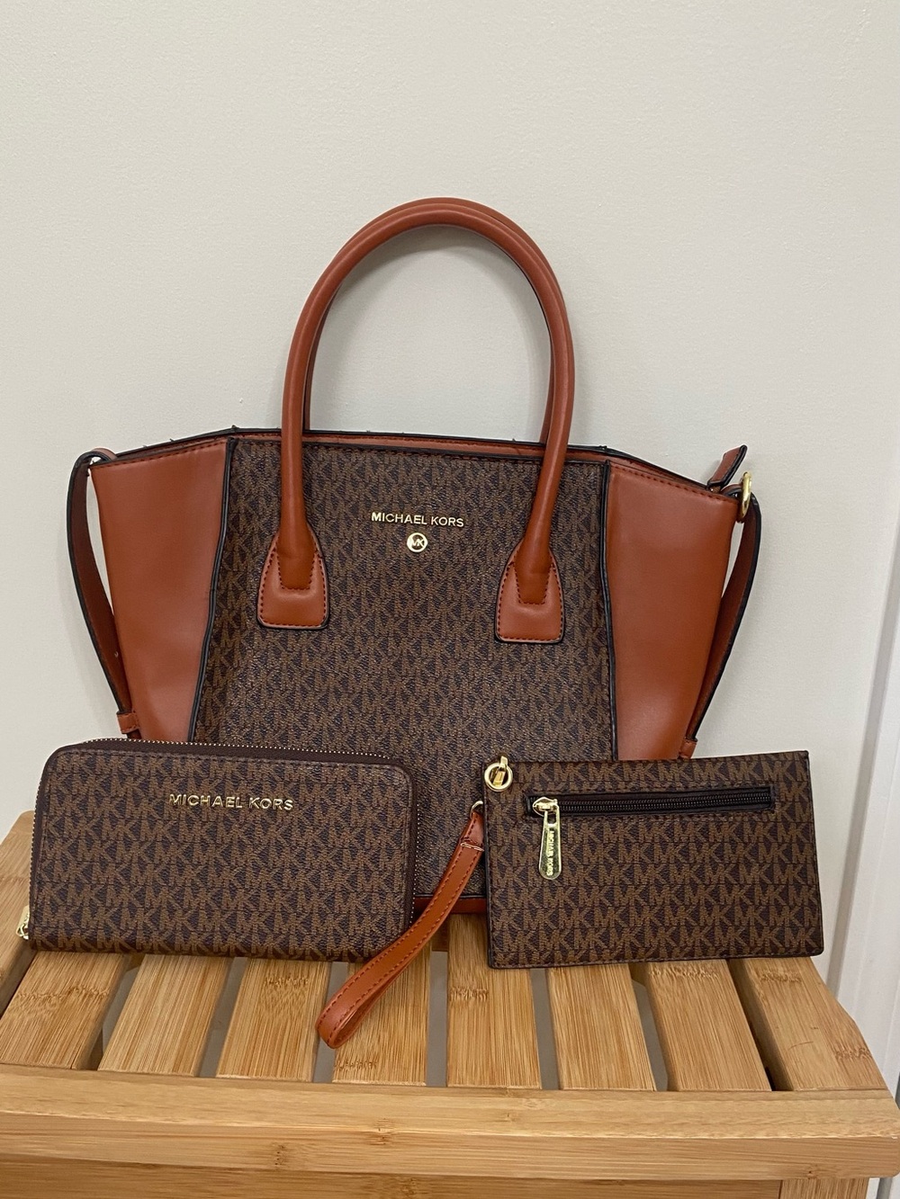 Michael Kors Brown & Tan Logo Satchel with Matching Wallet and Wristlet set of 3